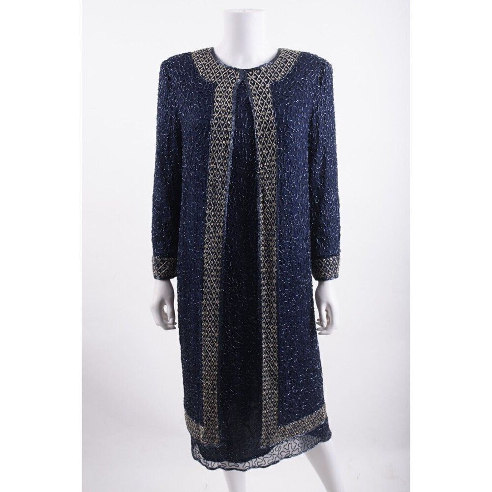 Laurence Kazar Womens Beaded Silk Dress Midi over Jacket Sz 10 Navy Blue NWT